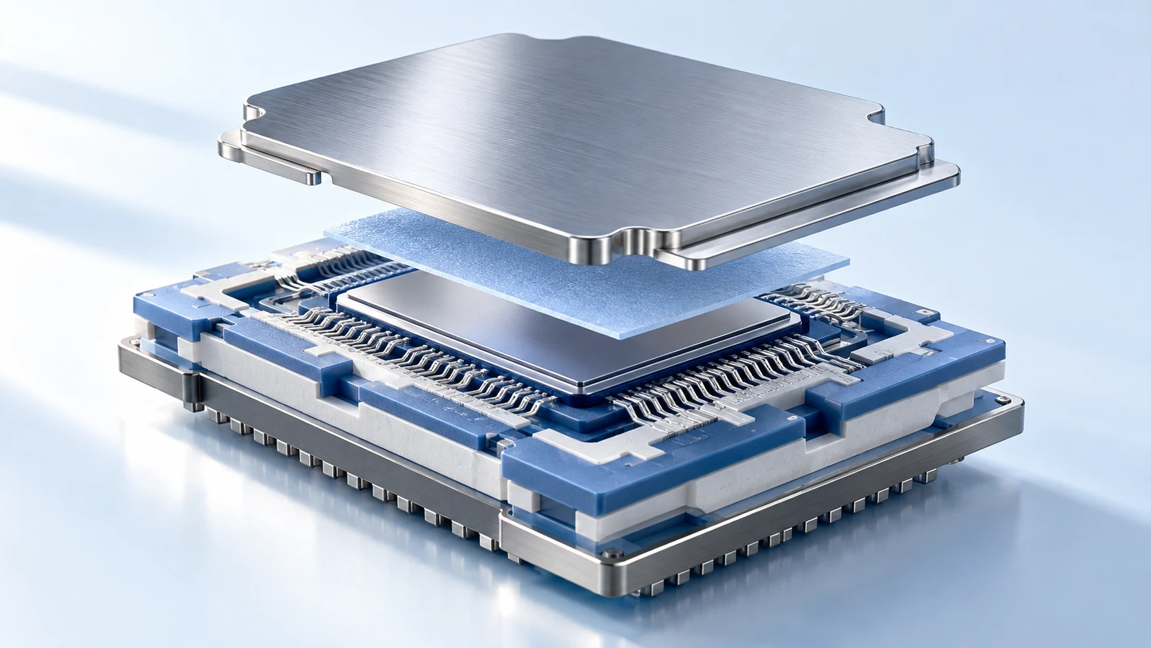 电子封装与热管理材料的分层概念图 / Conceptual exploded view of an electronic package and thermal materials
