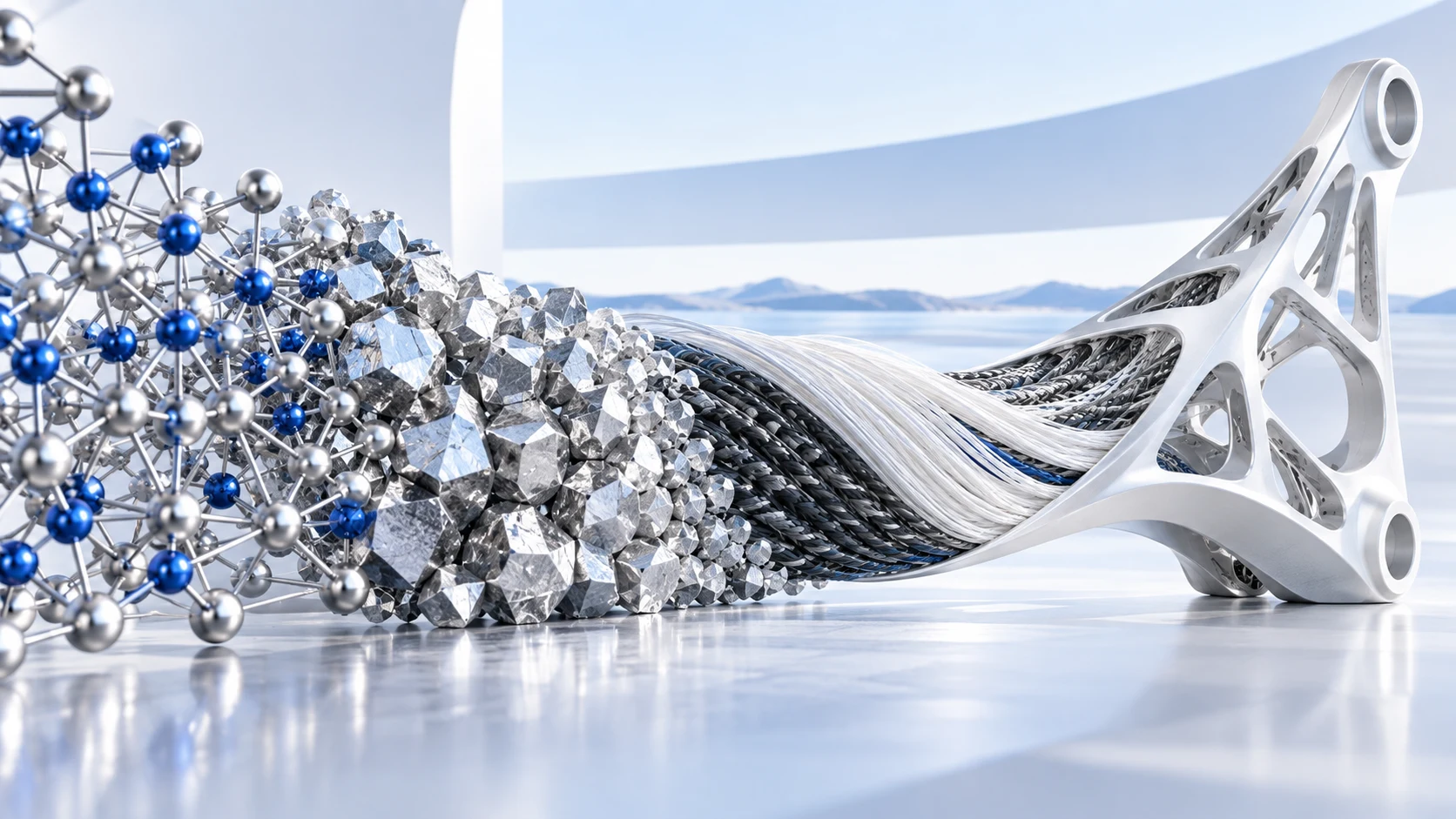跨尺度材料结构与轻量化部件的概念图 / Concept of material structures across scales and a lightweight component